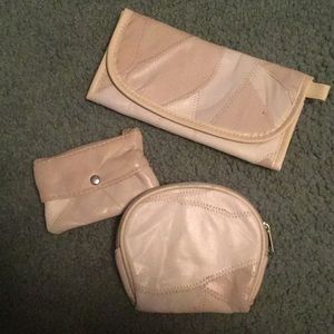 Cream/tan patchwork faux leather wallet set